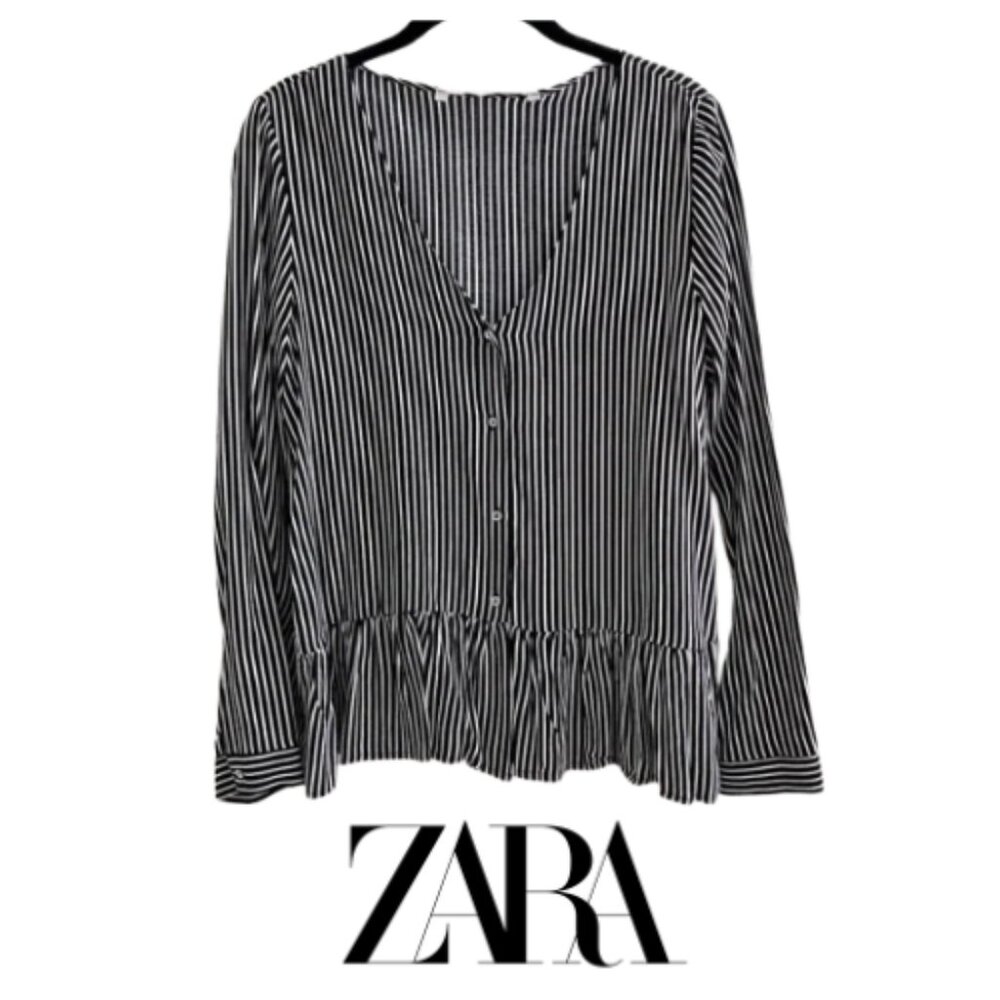 Zara | Trafaluc B&W Striped Long Sleeve Button Peplum Top